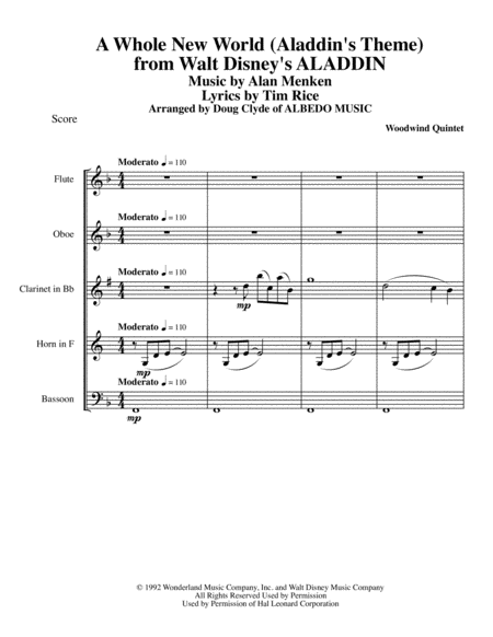 A Whole New World Aladdins Theme From Walt Disneys Aladdin For Woodwind Quintet Sheet Music