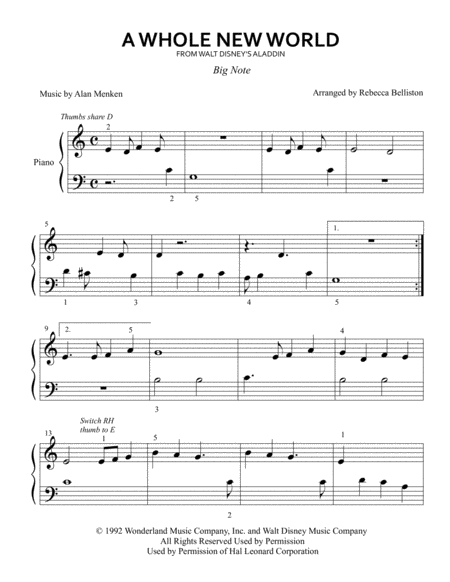 A Whole New World Big Note Sheet Music