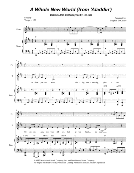Free Sheet Music A Whole New World Duet For Soprano And Tenor Solo