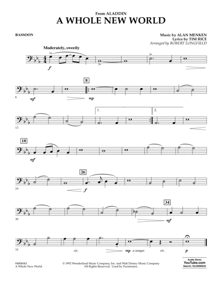 A Whole New World From Aladdin Arr Robert Longfield Bassoon Sheet Music