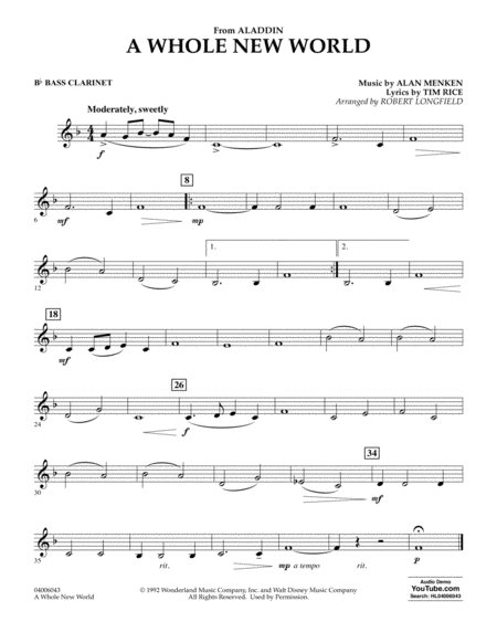 Free Sheet Music A Whole New World From Aladdin Arr Robert Longfield Bb Bass Clarinet