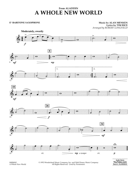 Free Sheet Music A Whole New World From Aladdin Arr Robert Longfield Eb Baritone Saxophone