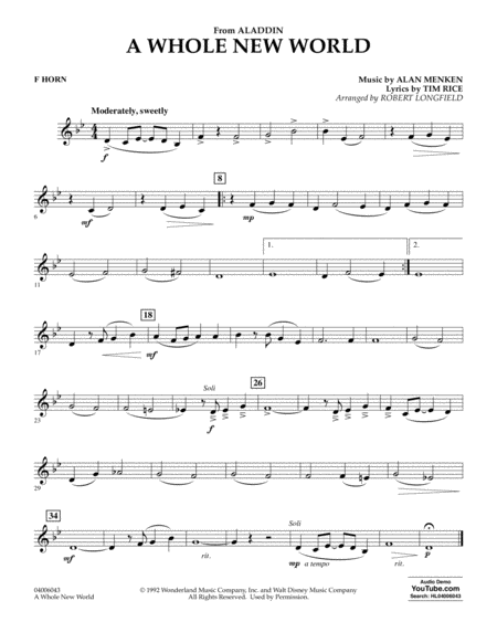 A Whole New World From Aladdin Arr Robert Longfield F Horn Sheet Music