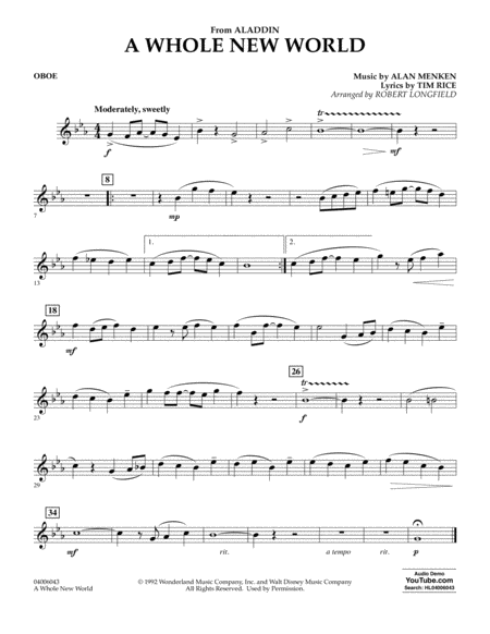 A Whole New World From Aladdin Arr Robert Longfield Oboe Sheet Music