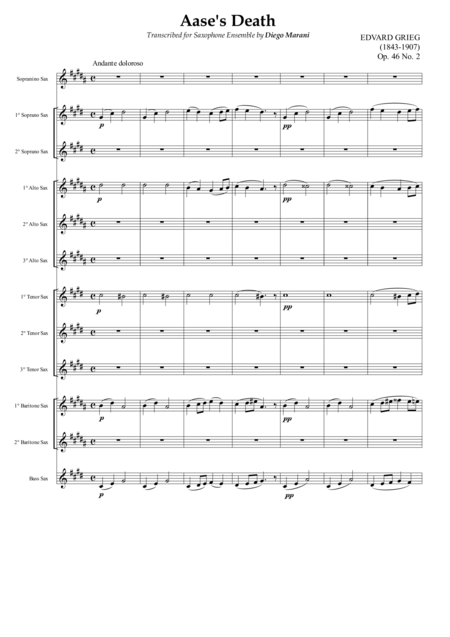 Aases Death From Peer Gynt Suite For Saxophone Ensemble Sheet Music