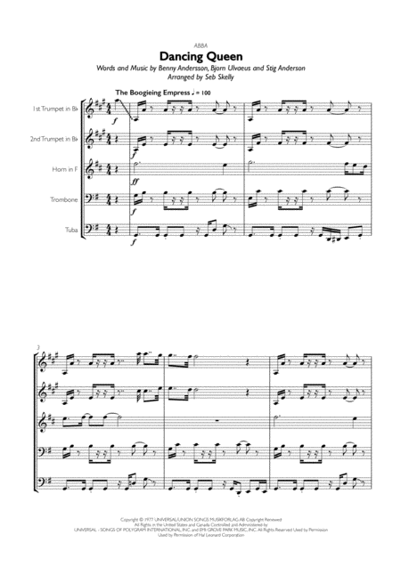 Abba Dancing Queen For Brass Quintet Sheet Music