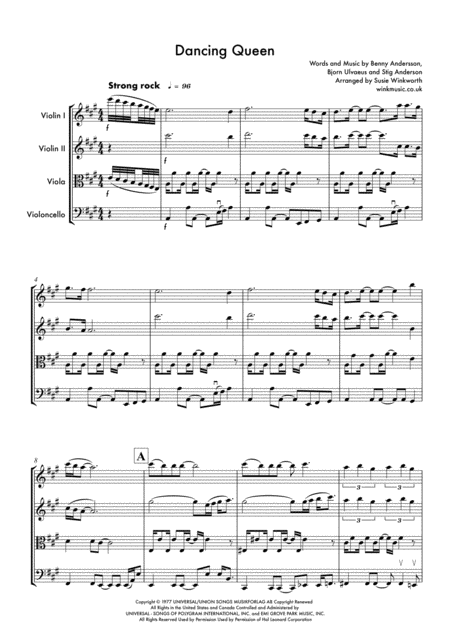 Free Sheet Music Abba Dancing Queen String Quartet