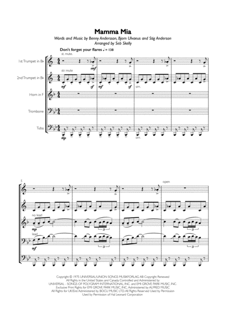 Abba Mamma Mia For Brass Quintet Sheet Music