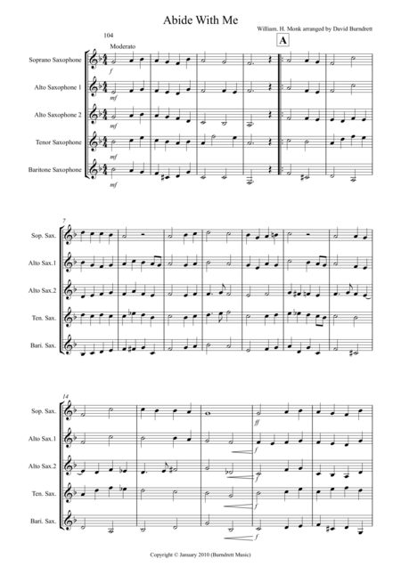 Free Sheet Music Abide With Me For Saxophone Quintet