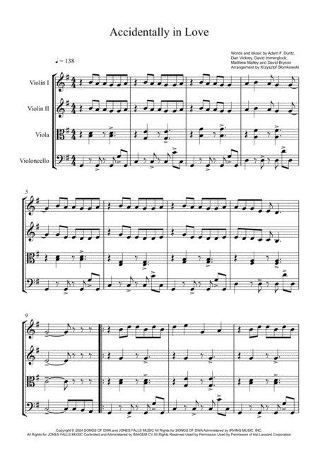 Accidentally In Love Counting Crows String Quartet Sheet Music