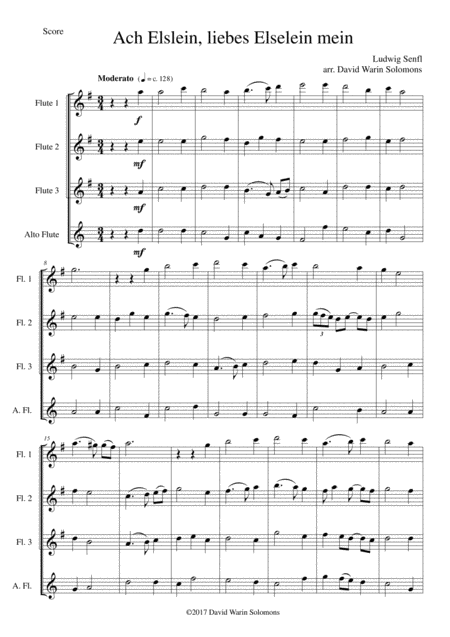 Free Sheet Music Ach Elslein Liebes Elselein Mein For Flute Quartet 3 C Flutes Alto Flute
