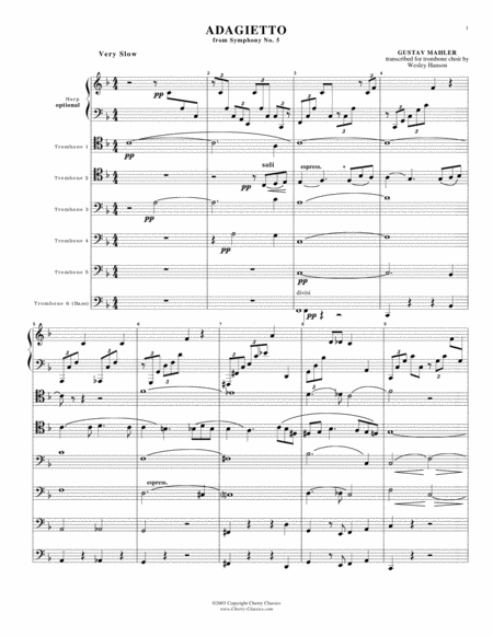 Adagietto From Symphony No 5 For 6 Part Trombone Ensemble Optional Harp Sheet Music