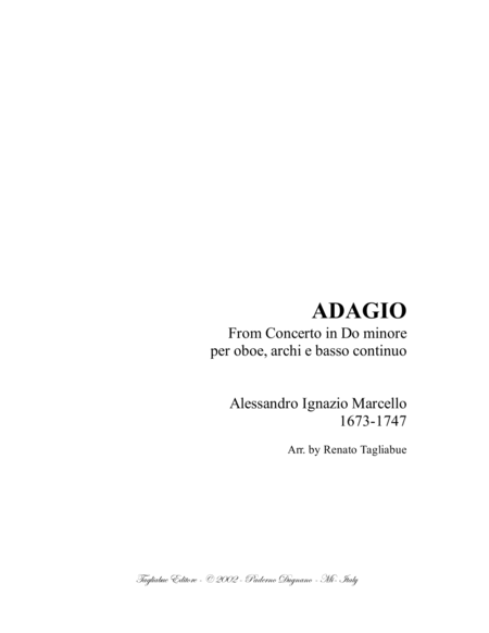 Free Sheet Music Adagio A Marcello Arr For String Quartet And Piano Organ