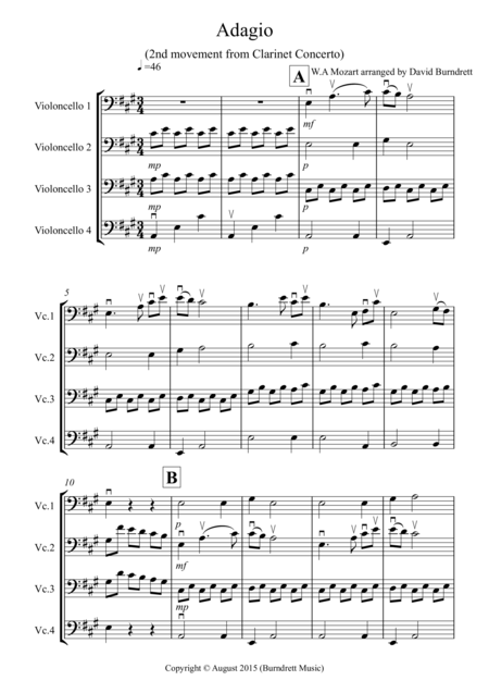 Adagio From Mozarts Clarinet Concerto For Cello Quartet Sheet Music