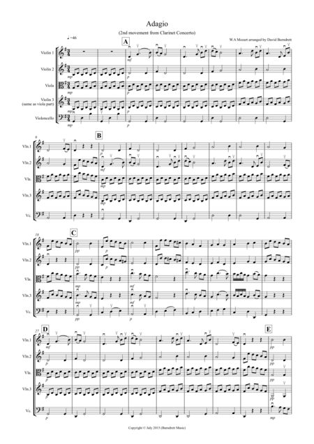 Adagio From Mozarts Clarinet Concerto For String Quartet Sheet Music