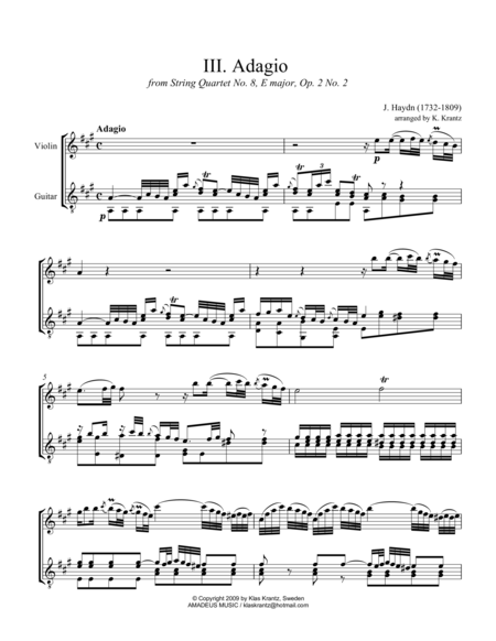 Adagio From String Quartet Op 2 No 2 For Violin And Guitar Sheet Music