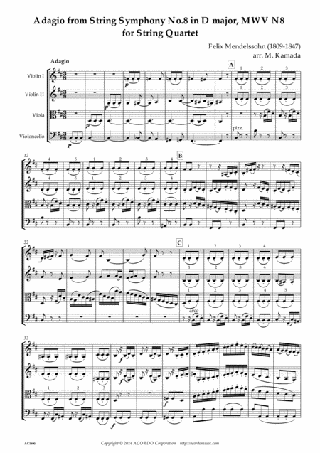 Adagio From String Symphony No 8 In D Major Mwv N8 For String Quartet Sheet Music