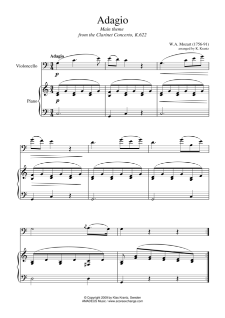 Free Sheet Music Adagio From The Clarinet Concerto Theme For Cello And Easy Piano