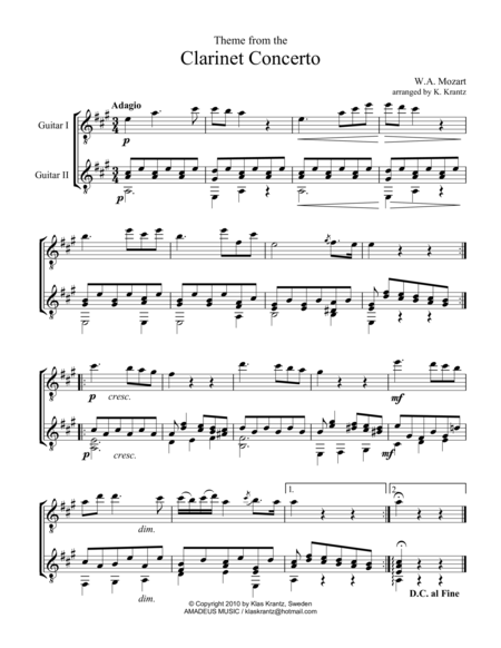 Free Sheet Music Adagio From The Clarinet Concerto Theme For Guitar Duet