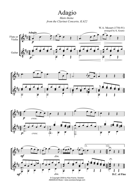 Adagio From The Clarinet Concerto Theme For Violin And Guitar D Maj Sheet Music