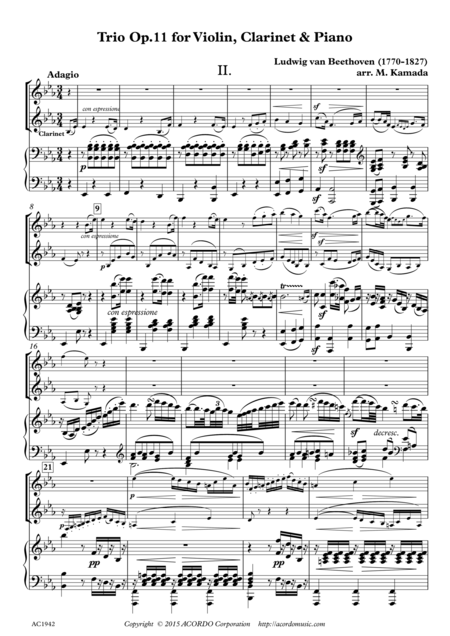 Free Sheet Music Adagio From Trio Op 11 For Violin Clarinet Piano