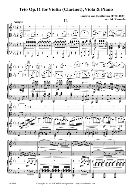 Adagio From Trio Op 11 For Violin Clarinet Viola Piano Sheet Music