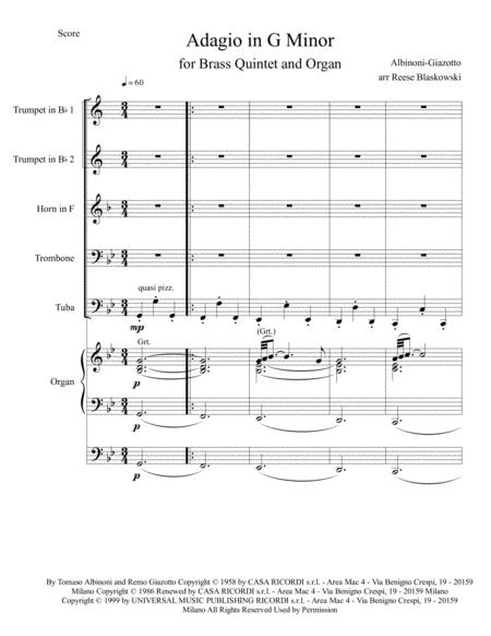 Adagio In G Minor Brass Quintet And Organ Sheet Music