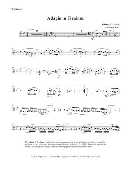 Adagio In G Minor For Trombone And Piano Organ Sheet Music