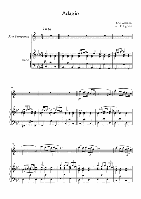 Adagio In G Minor Tomaso Giovanni Albinoni For Alto Saxophone Piano Sheet Music