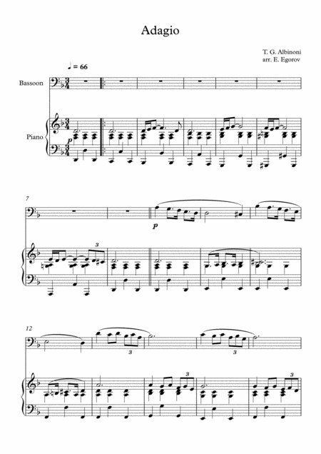 Adagio In G Minor Tomaso Giovanni Albinoni For Bassoon Piano Sheet Music