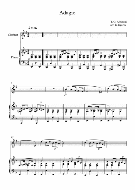 Adagio In G Minor Tomaso Giovanni Albinoni For Clarinet Piano Sheet Music