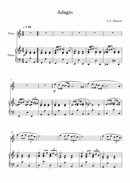 Adagio In G Minor Tomaso Giovanni Albinoni For Flute Piano Sheet Music