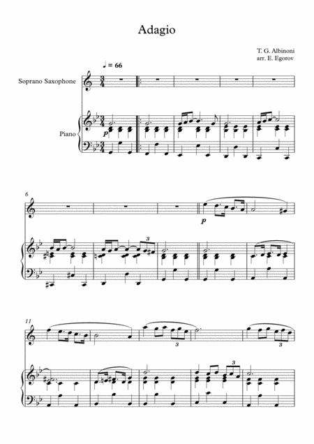 Free Sheet Music Adagio In G Minor Tomaso Giovanni Albinoni For Soprano Saxophone Piano