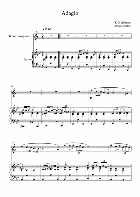 Free Sheet Music Adagio In G Minor Tomaso Giovanni Albinoni For Tenor Saxophone Piano