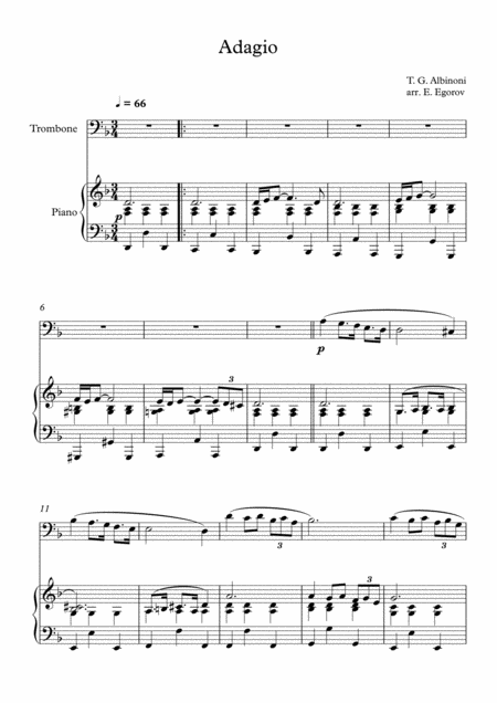 Adagio In G Minor Tomaso Giovanni Albinoni For Trombone Piano Sheet Music