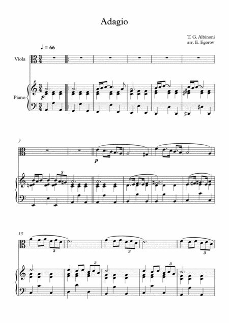 Adagio In G Minor Tomaso Giovanni Albinoni For Viola Piano Sheet Music