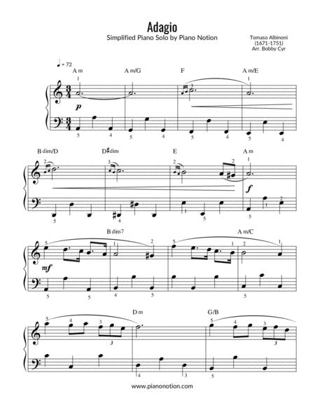 Free Sheet Music Adagio Tomaso Albinoni Simplified Piano Solo