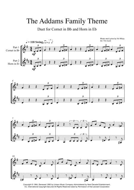 Free Sheet Music Addams Family Theme Duet For Cornet In Bb And Horn In Eb