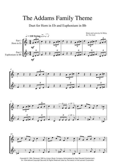 Free Sheet Music Addams Family Theme Duet For Horn In Eb And Euphonium In Bb