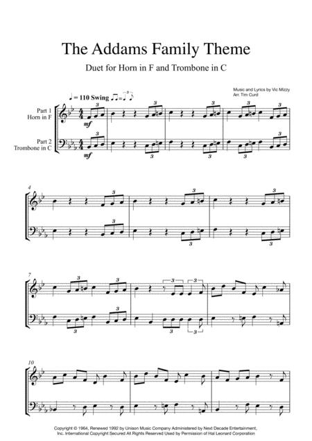 Addams Family Theme Duet For Horn In F And Trombone In C Sheet Music