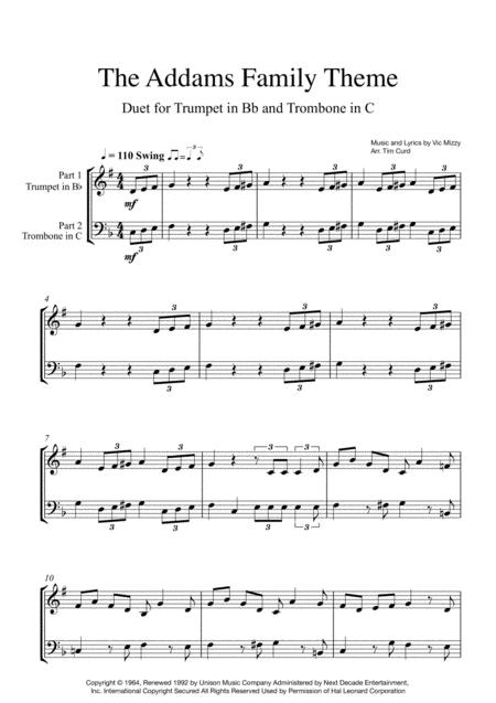 Addams Family Theme Duet For Trumpet In Bb And Trombone In C Sheet Music