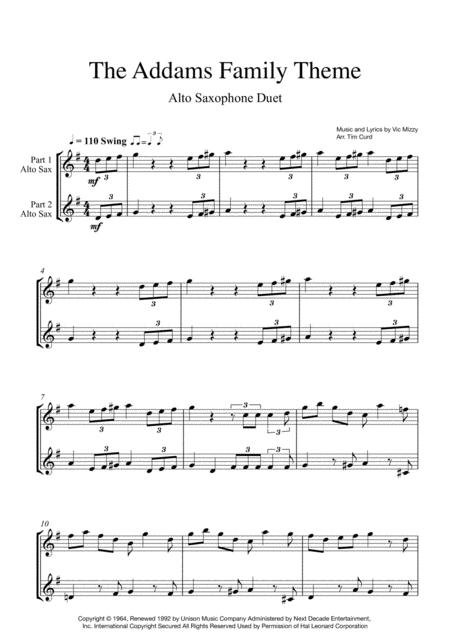 Addams Family Theme For Saxophone Duet Sheet Music