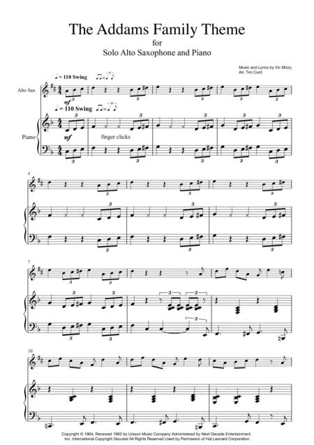 Addams Family Theme For Solo Alto Saxophone And Piano Sheet Music