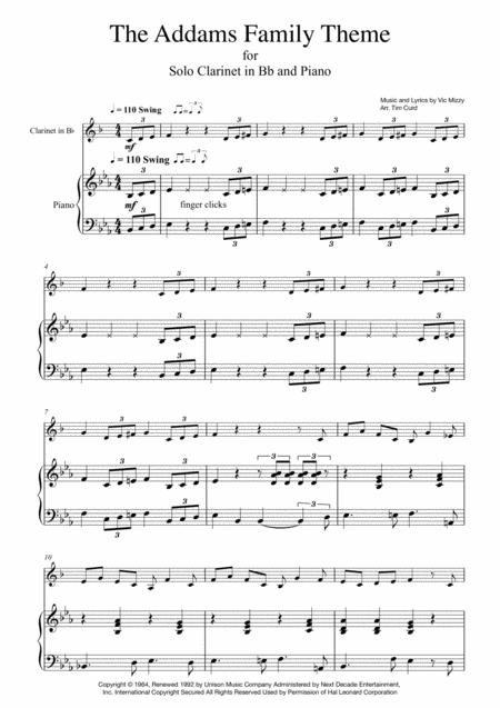 Free Sheet Music Addams Family Theme For Solo Clarinet In Bb And Piano