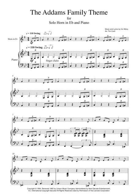 Addams Family Theme For Solo Horn In Eb And Piano Sheet Music