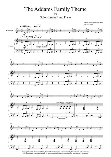 Addams Family Theme For Solo Horn In F And Piano Sheet Music