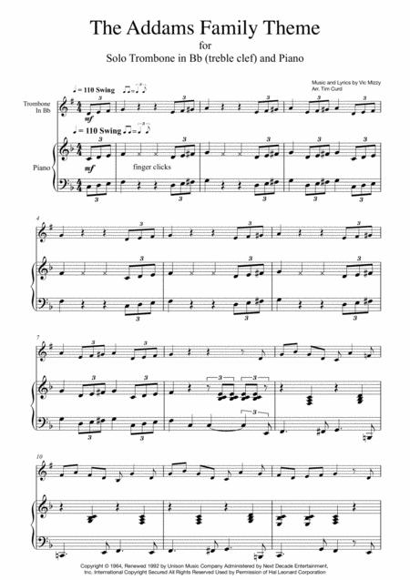 Addams Family Theme For Solo Trombone In Bb Treble Clef And Piano Sheet Music