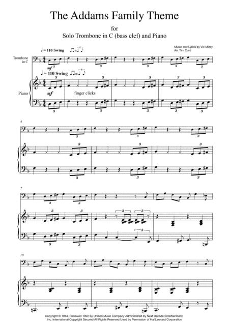 Addams Family Theme For Solo Trombone In C Bass Clef And Piano Sheet Music