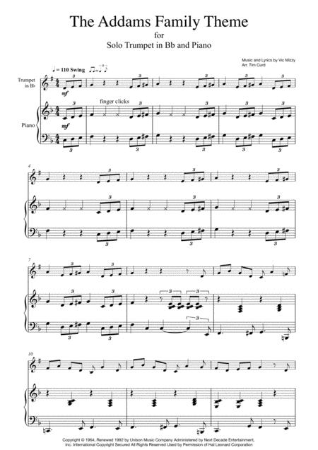 Free Sheet Music Addams Family Theme For Solo Trumpet In Bb And Piano