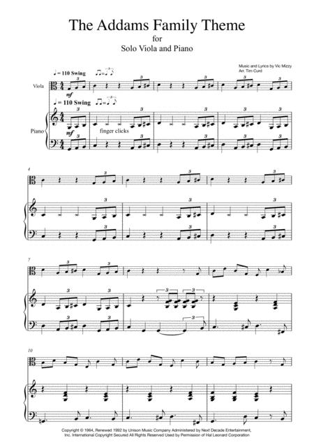 Addams Family Theme For Solo Viola And Piano Sheet Music